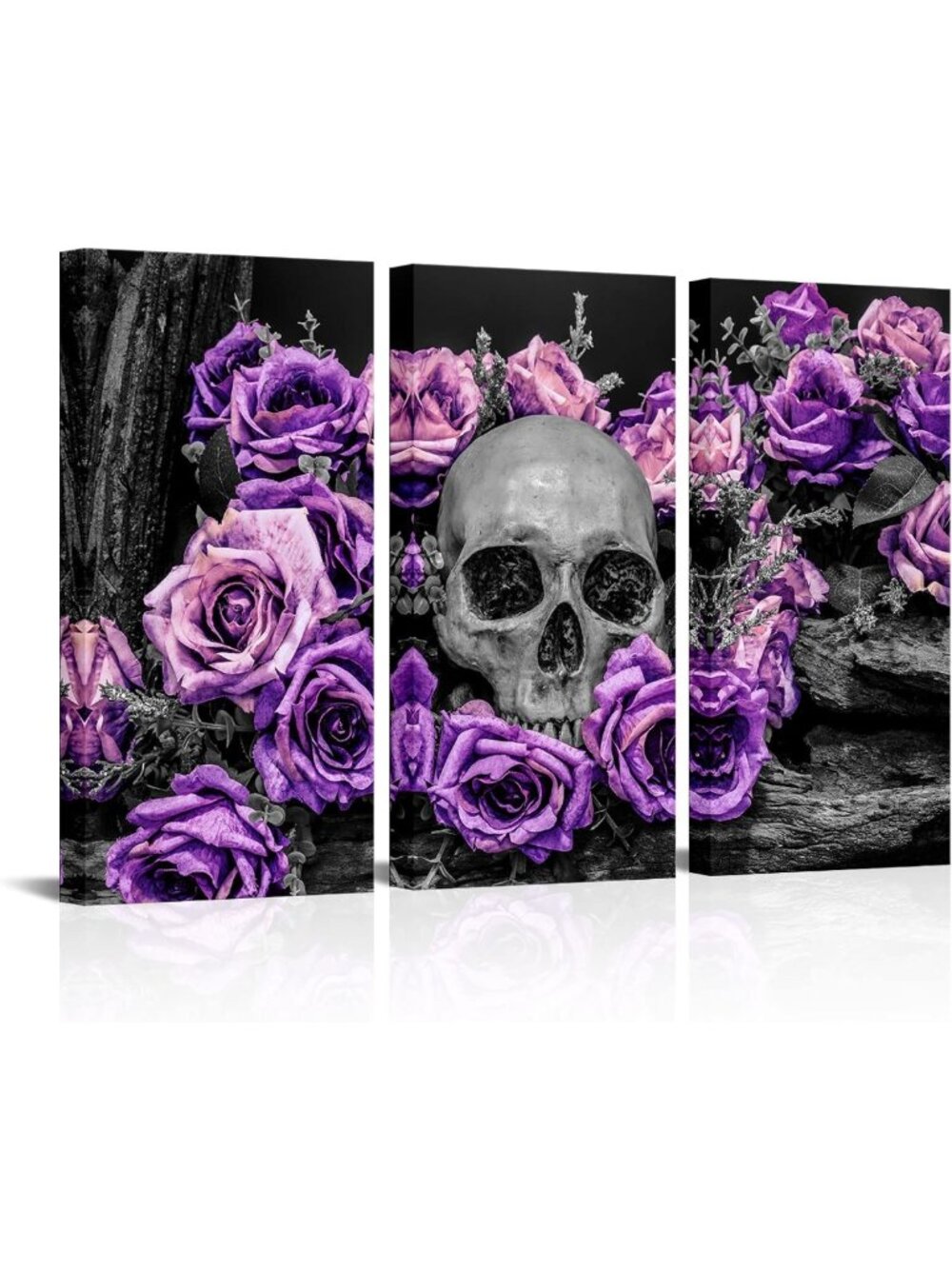 3 Piece Human Skull Canvas Art Set - Gothic Sugar Skull with Purple Roses for